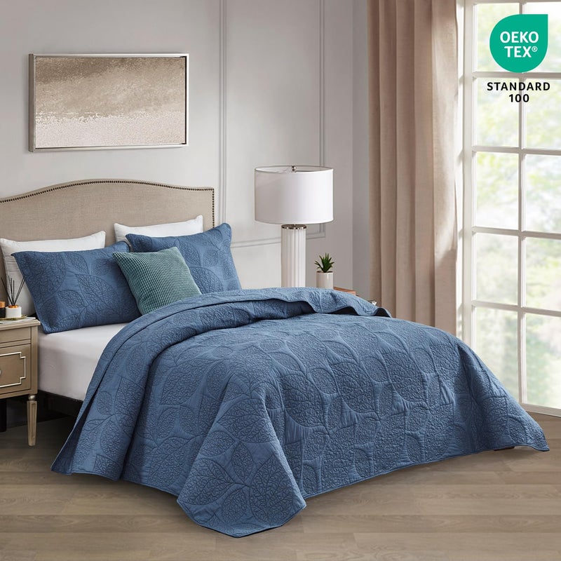 CHIXIN Botanical Cotton Quilt King Size - Real Stitching Leaf Pattern - Quilted Bedspread Coverlet Set, Ultra Soft, Lightweight, Reversible, 3 Piece, Navy Blue - Image 2